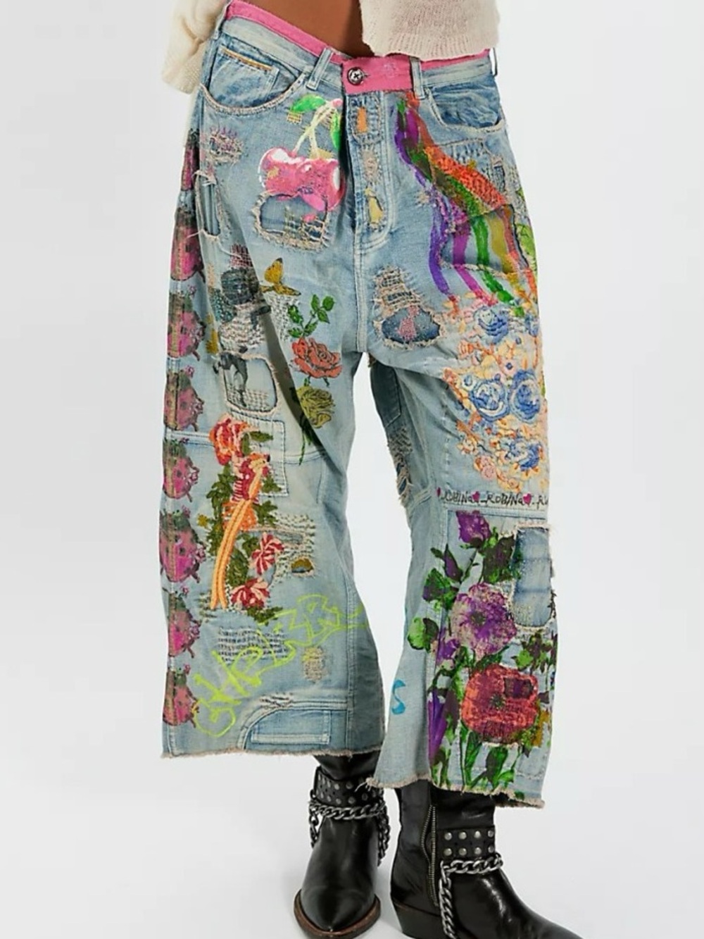 NWOT Size 16 Hippie Graffiti Floral Drop Crotch Jeans
